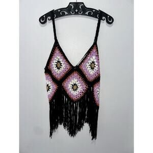 Rebellious One Crochet Fringe Tank Top Small Boho Festival Granny Square Cami
